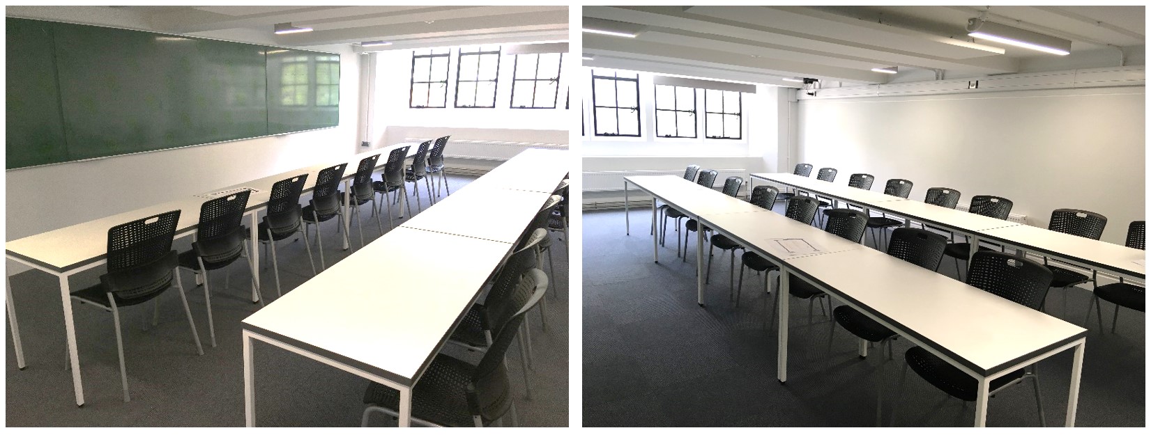 Tables and chairs in rows facing the teaching wall.